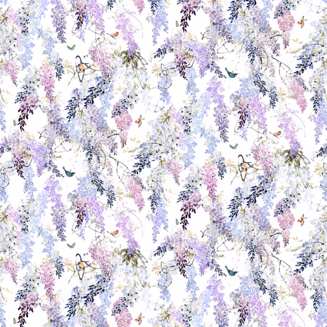 Pale lilac wisteria cascades with birds and butterflies across a white ground
