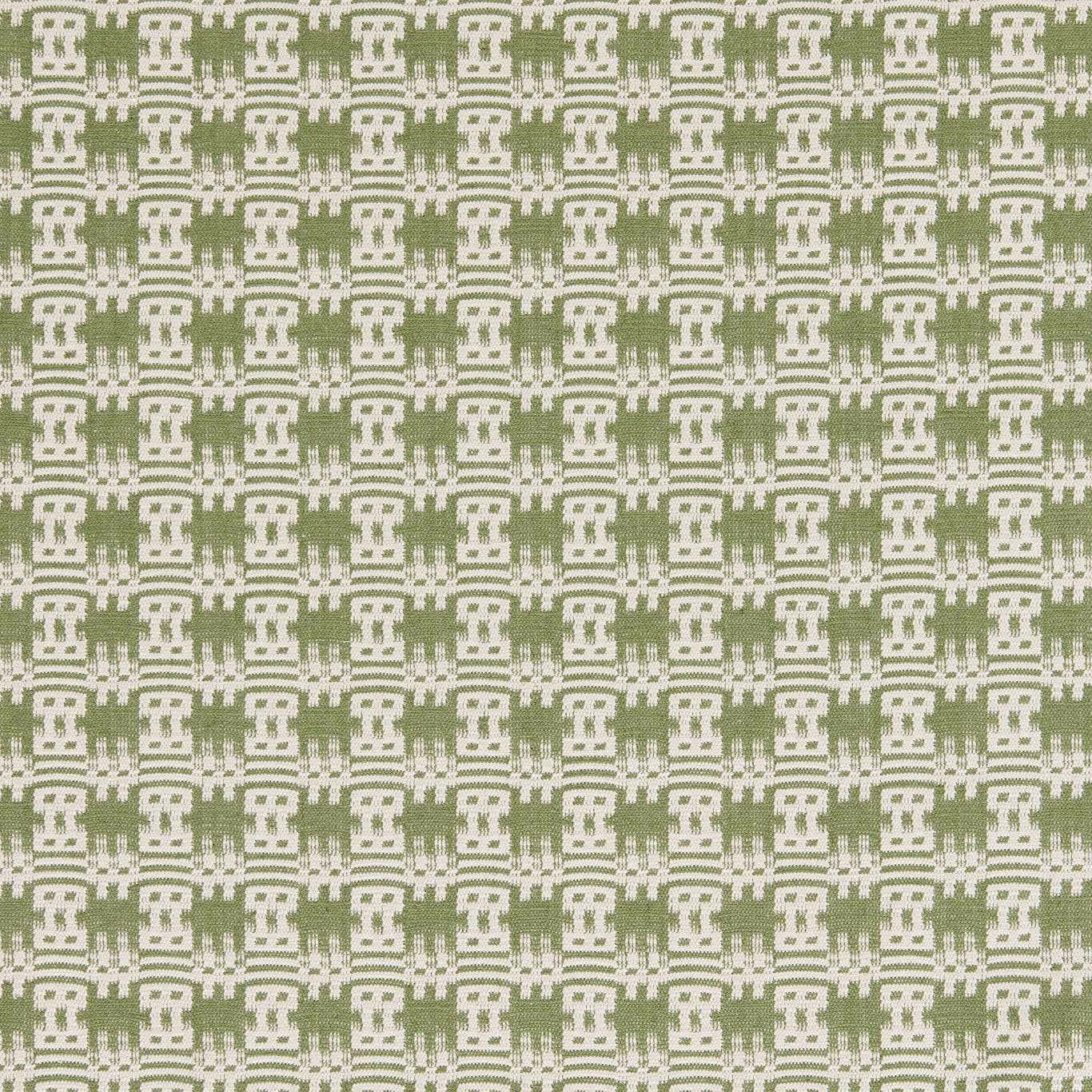 Close-up of a muted avocado green and ivory geometric woven fabric swatch