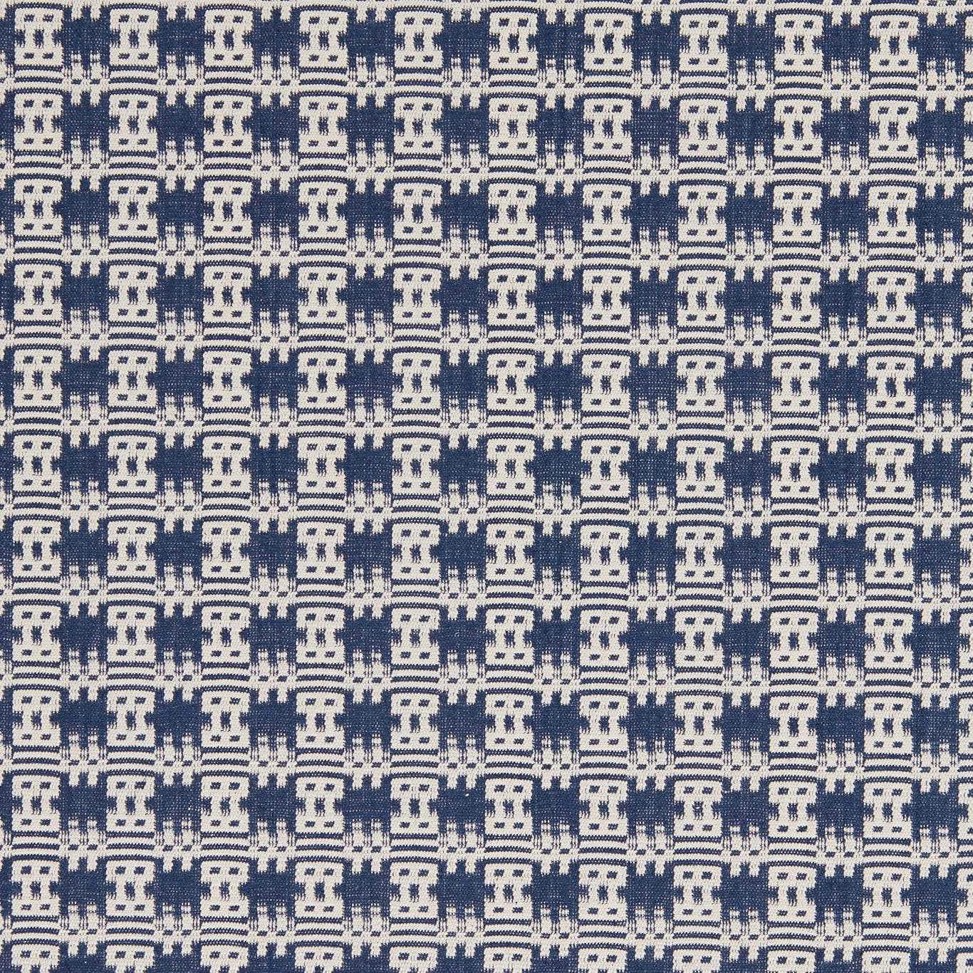 Indigo and cream geometric woven fabric with small repeating blocks