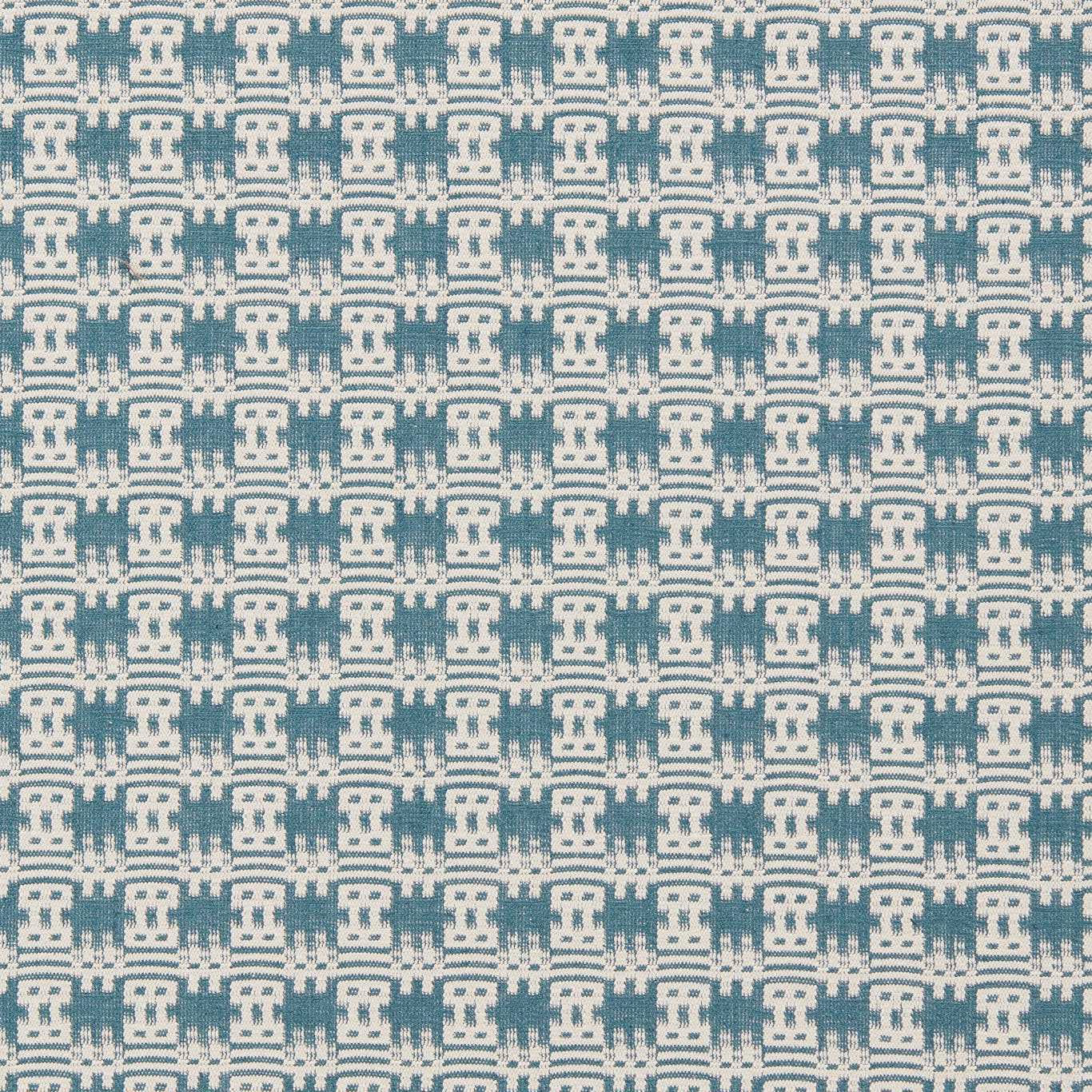 Small teal geometric woven fabric on a pale ground, tightly patterned in neat repeats
