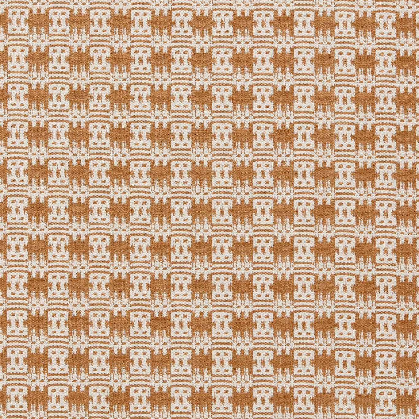 Close-up of ochre and cream geometric woven fabric with small repeating motif