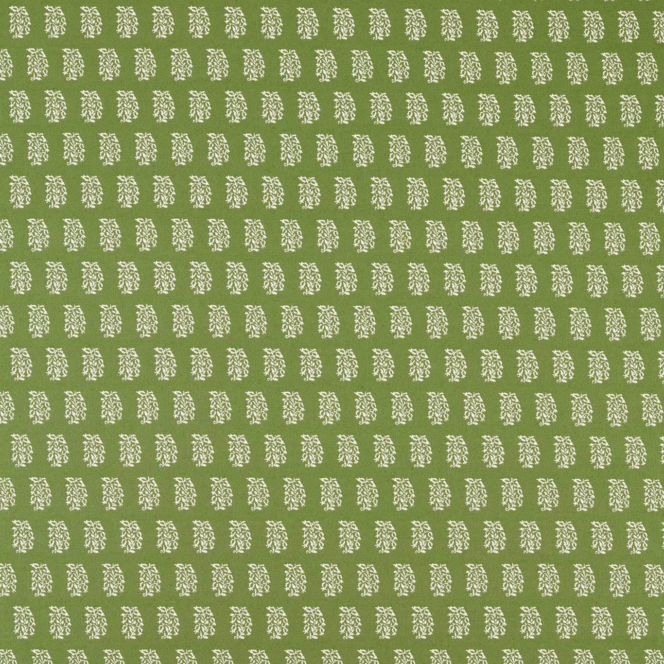 Avocado green woven fabric with small white botanical motif repeat