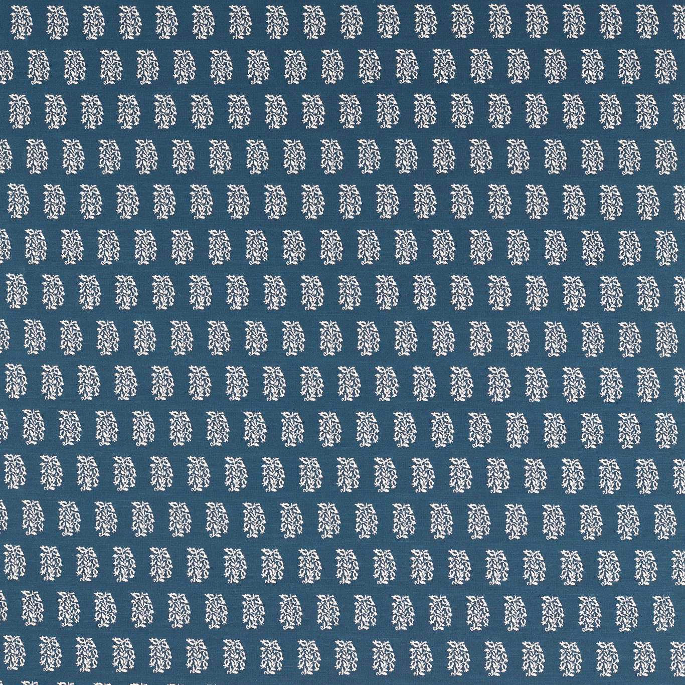 Blue fabric swatch with small ivory repeating motifs in neat horizontal rows