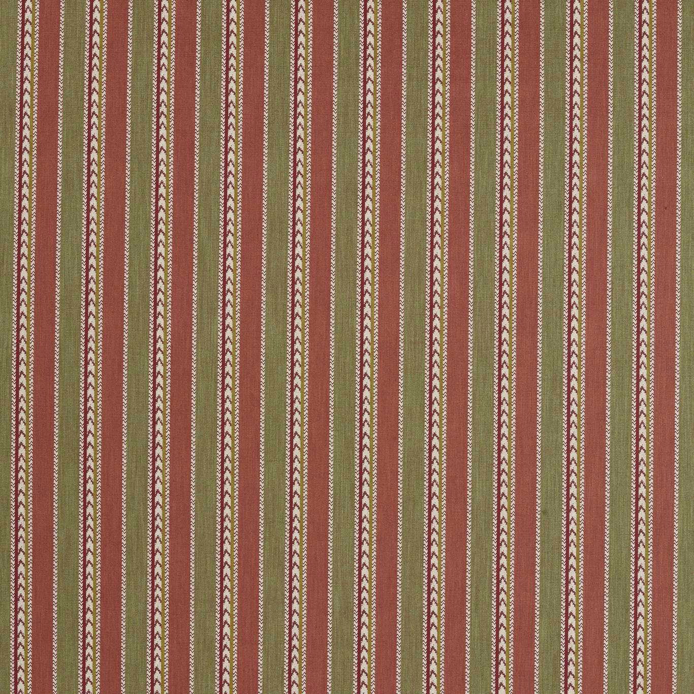 Vertical striped woven fabric in muted avocado green, cream and rust-red accents