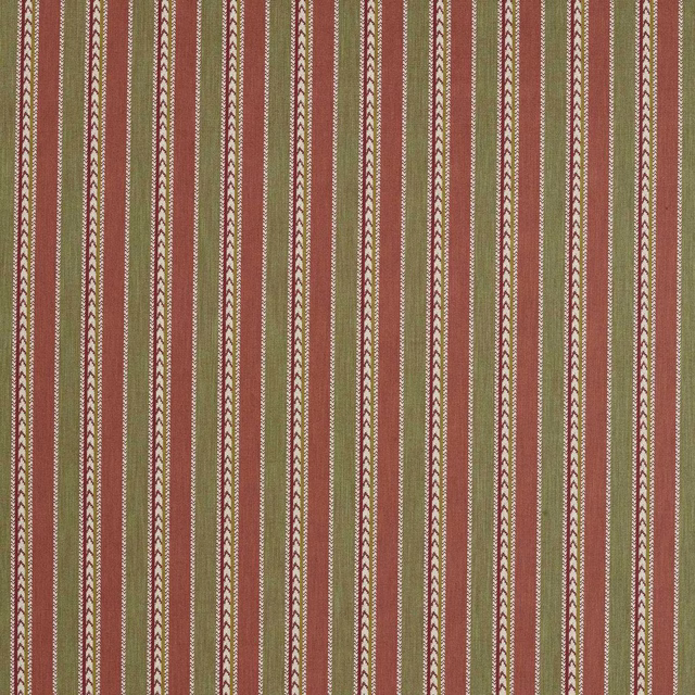 Vertical striped woven fabric in muted avocado green, cream and rust-red accents