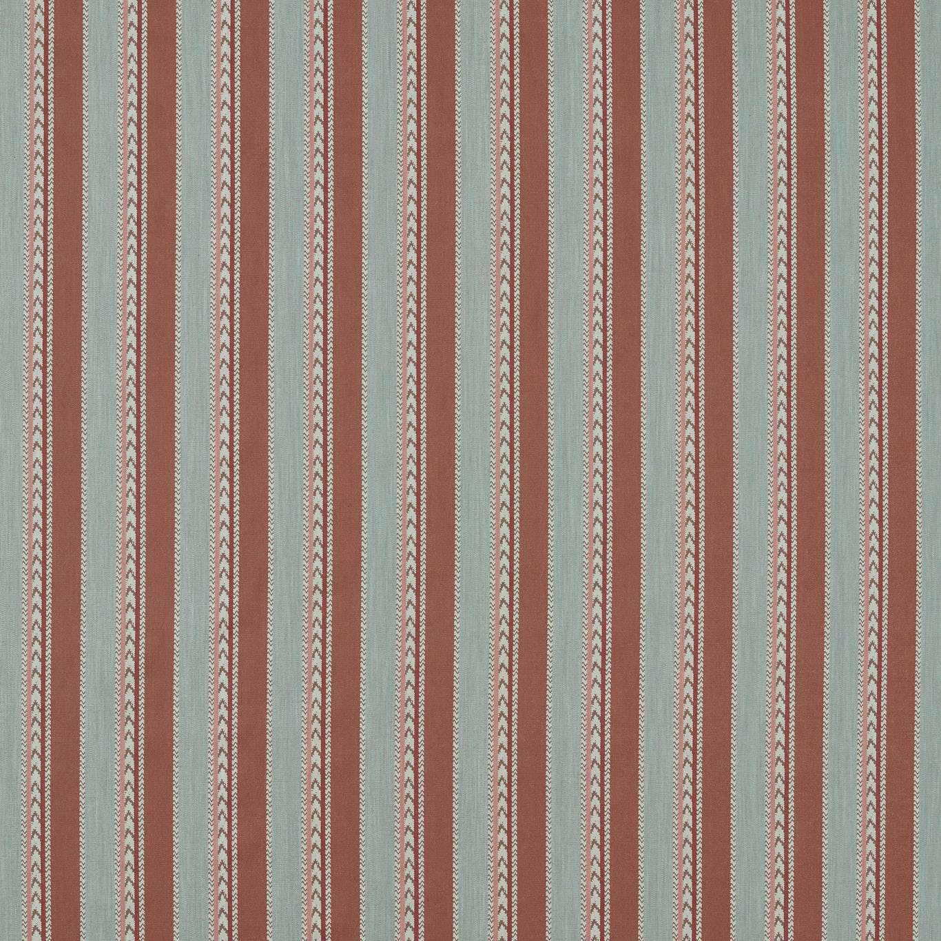 Vertical striped woven fabric in harissa red, pale blue-green and cream zigzag bands