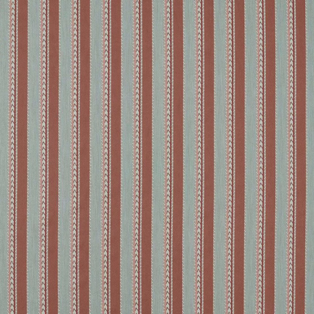 Vertical striped woven fabric in harissa red, pale blue-green and cream zigzag bands