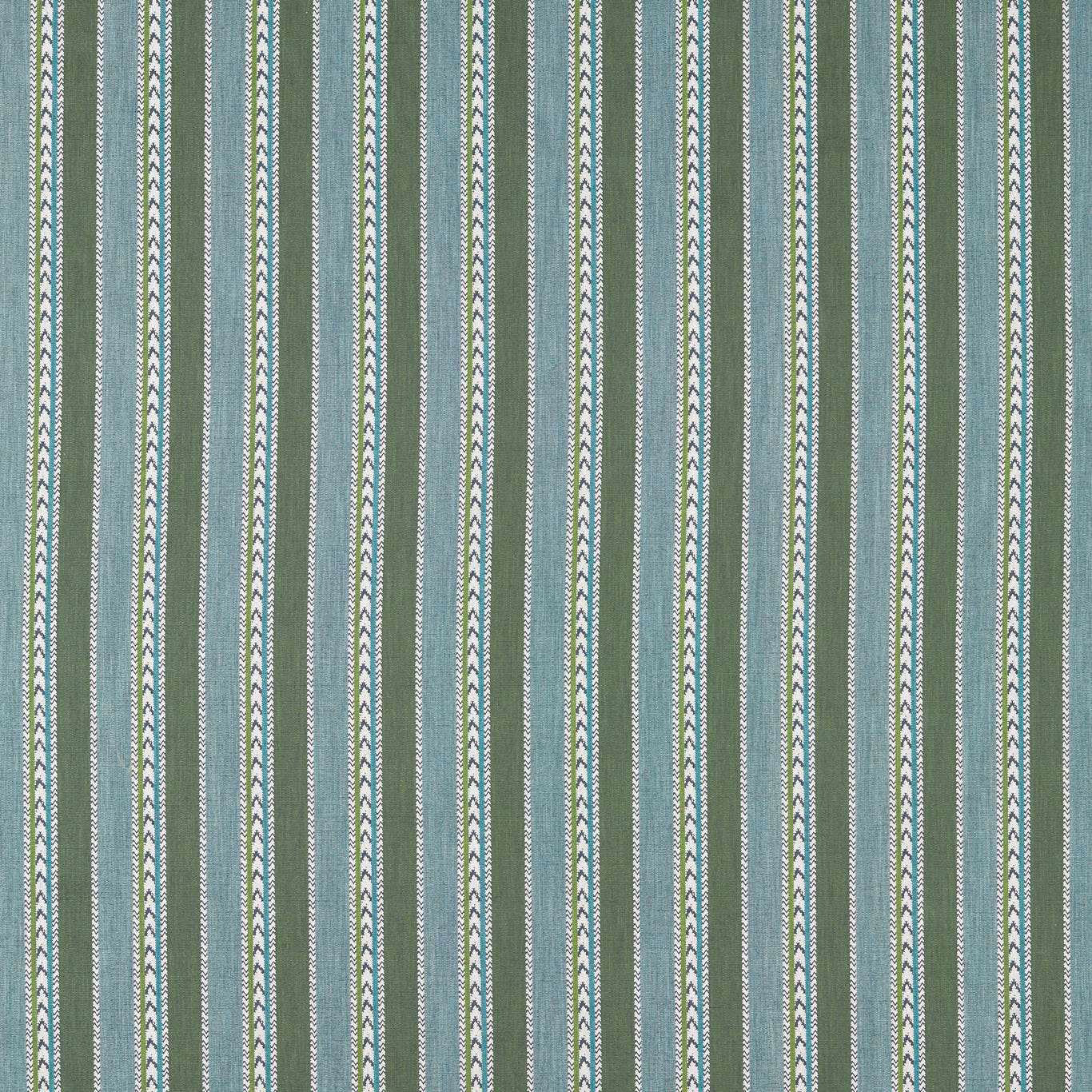 Vertical teal and cream woven stripe fabric with fine chevron detailing