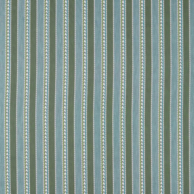 Vertical teal and cream woven stripe fabric with fine chevron detailing