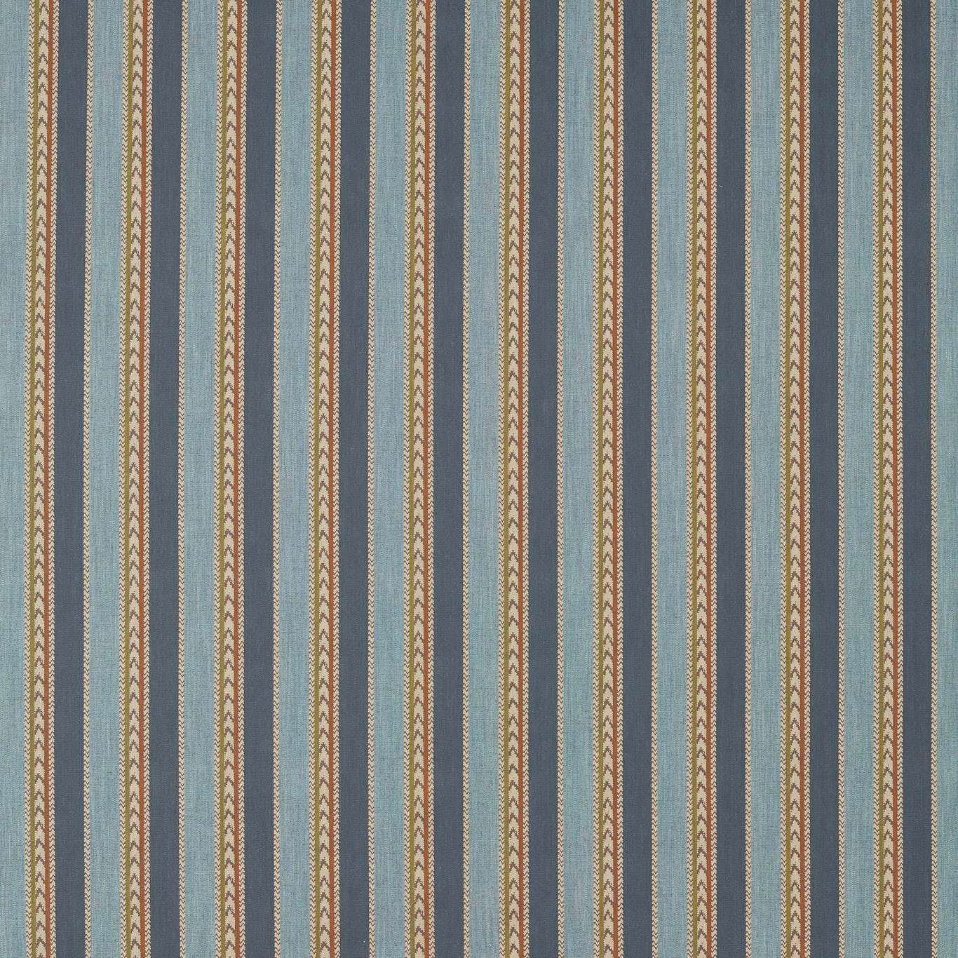 Vertical striped fabric swatch in woad blue, cream, beige and harissa red