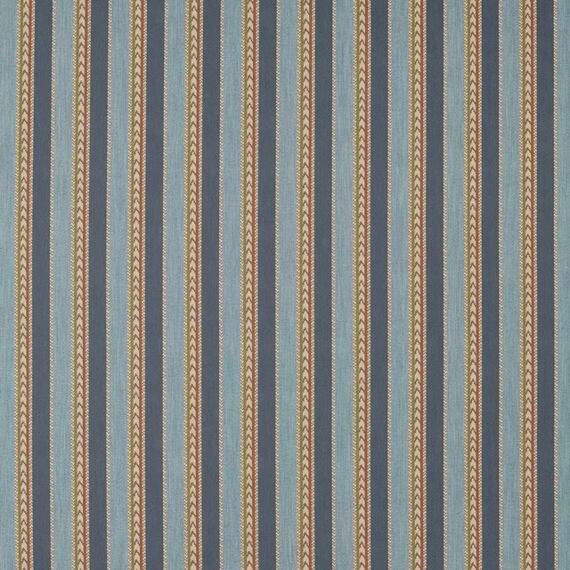 Vertical striped fabric swatch in woad blue, cream, beige and harissa red
