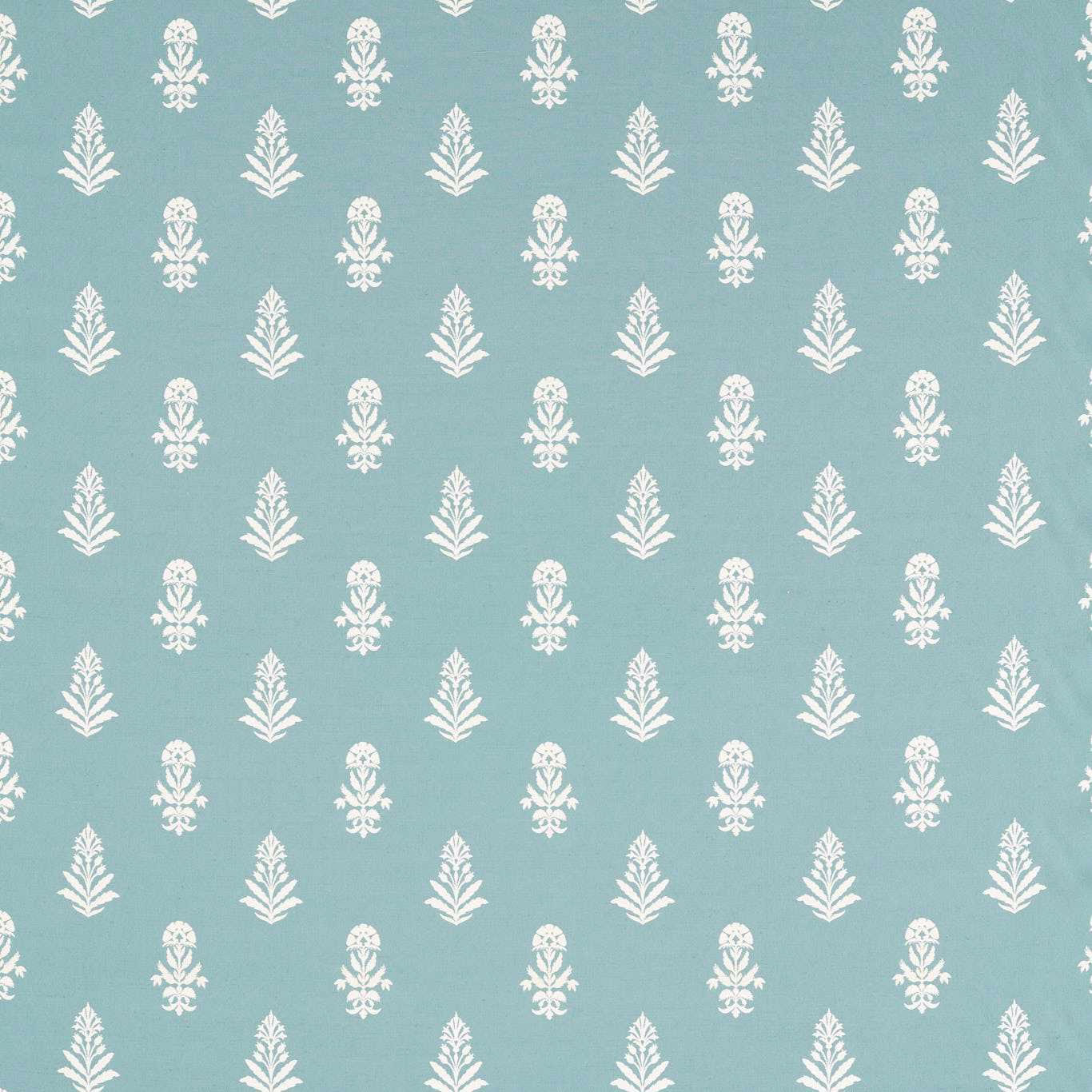 Lagoon blue woven fabric with small ivory damask motifs on a smooth ground