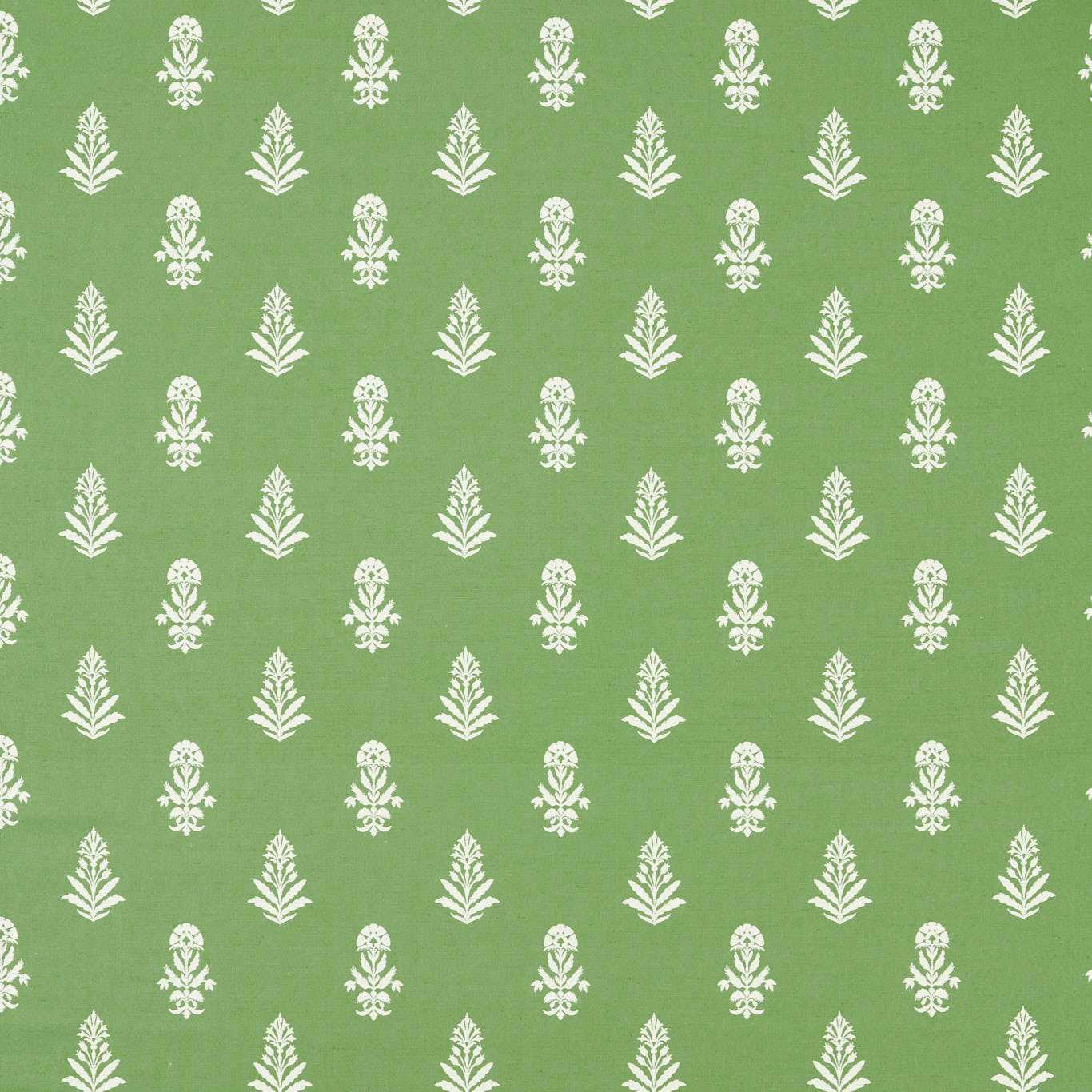 Fresh green woven fabric with small white repeating leaf motifs