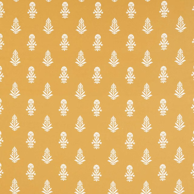 Turmeric gold woven fabric with small ivory damask motifs