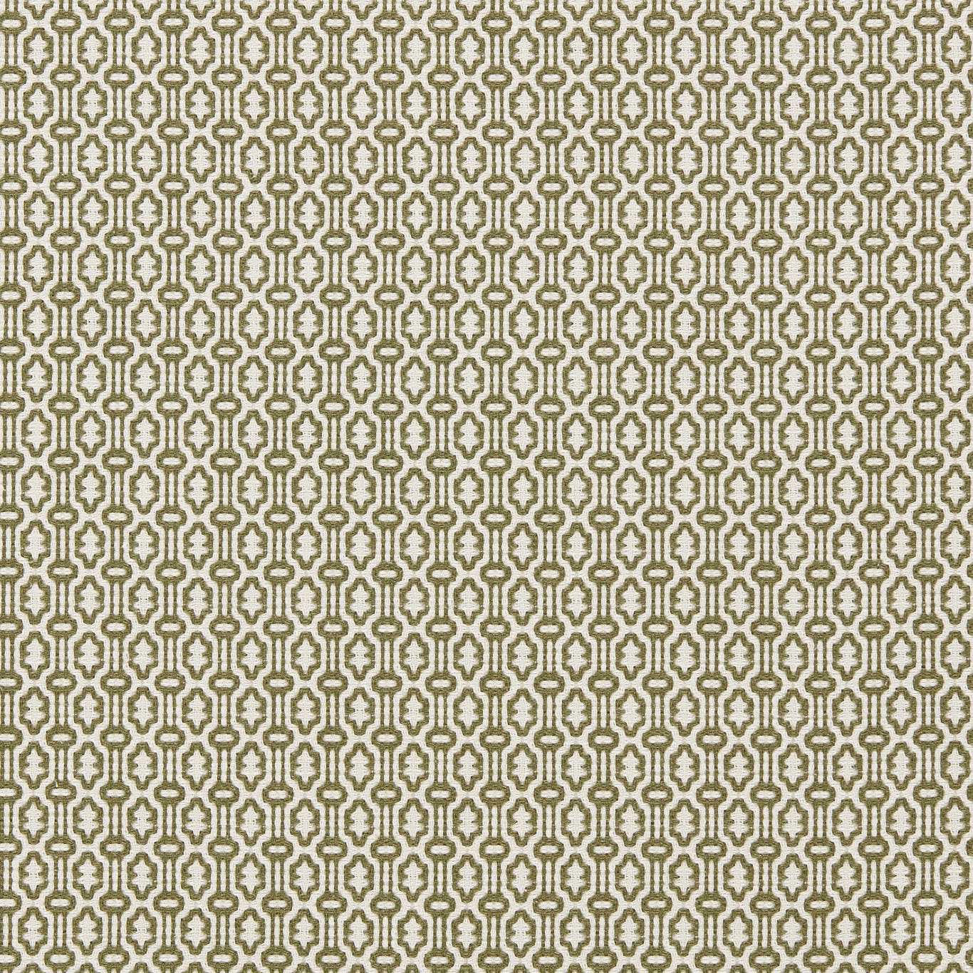 Olive geometric woven fabric with small repeating motif on a pale ground