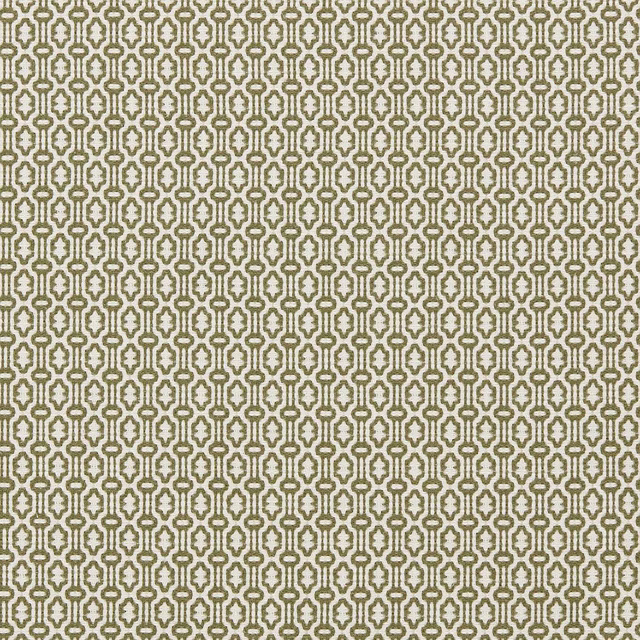 Olive geometric woven fabric with small repeating motif on a pale ground