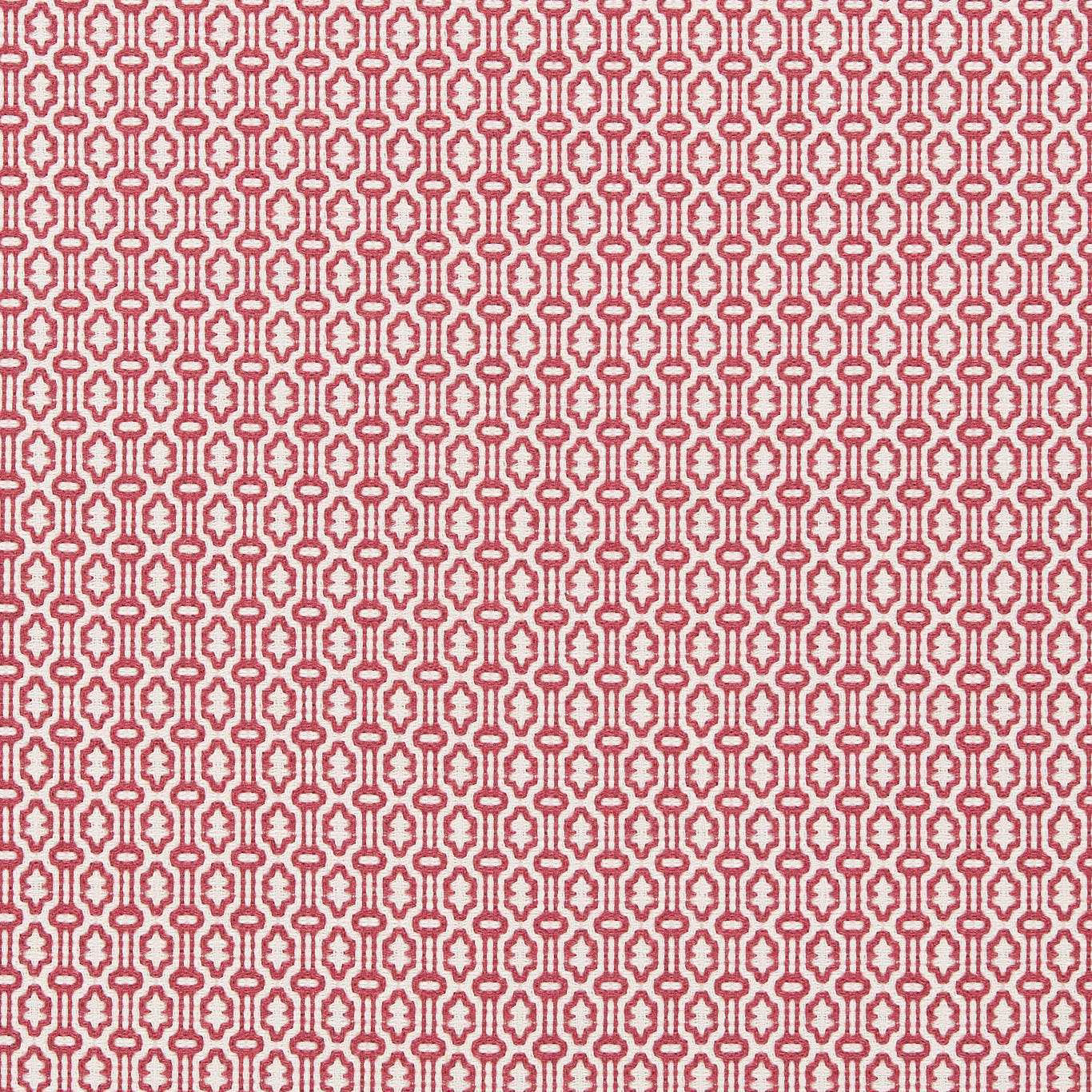 Pink-red geometric woven fabric swatch with small repeating motif
