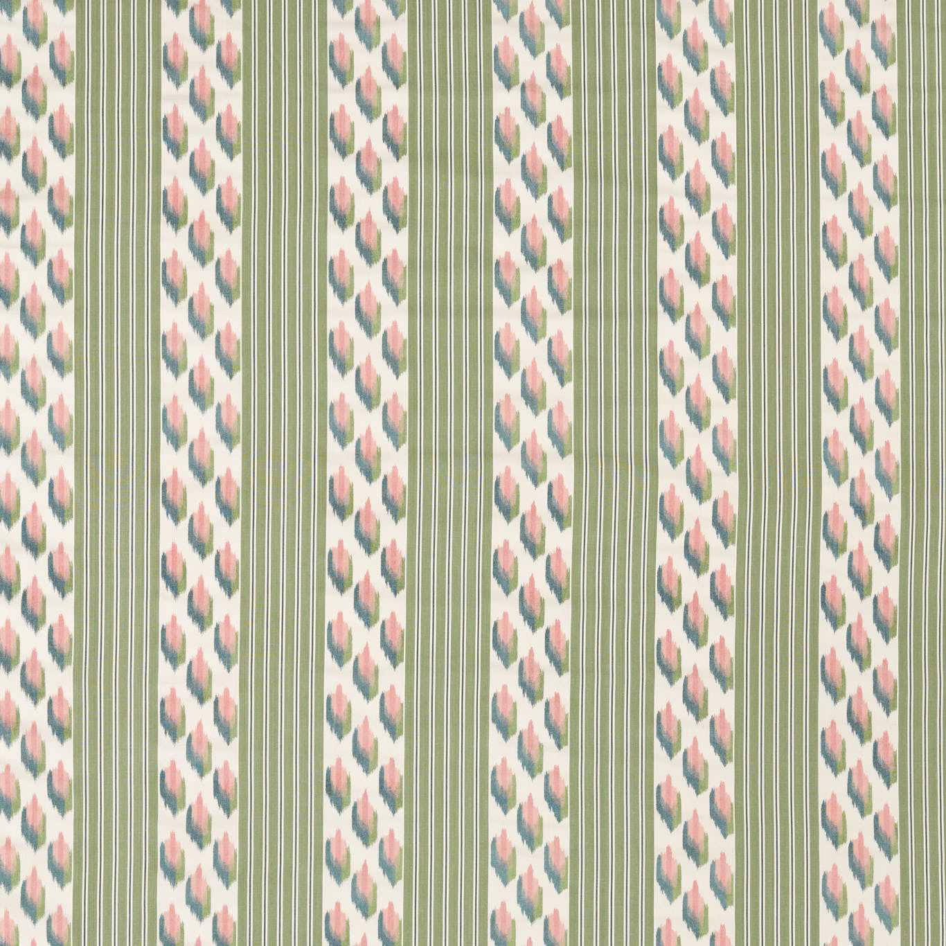 Olive green striped fabric with small blush, teal and cream woven motifs