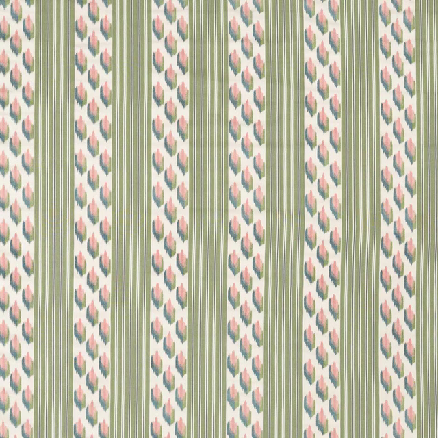 Olive green striped fabric with small blush, teal and cream woven motifs