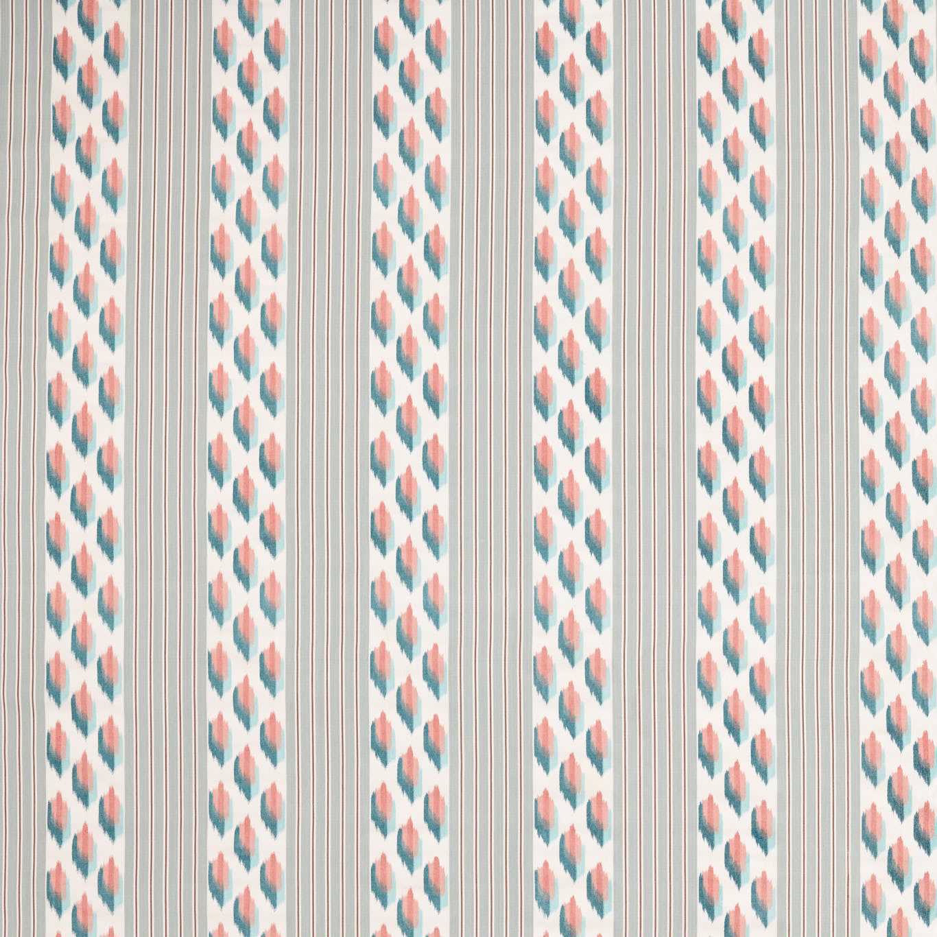 Striped fabric swatch with mineral blue and coral ikat motifs on a pale ground
