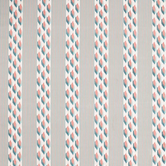 Striped fabric swatch with mineral blue and coral ikat motifs on a pale ground