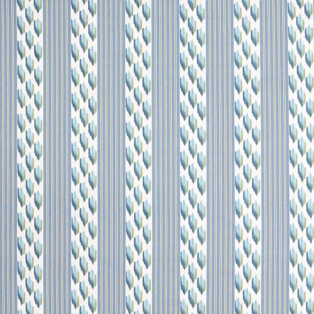 Striped woven fabric in Persian blue with cardamom green leaf motifs and cream pinstripes