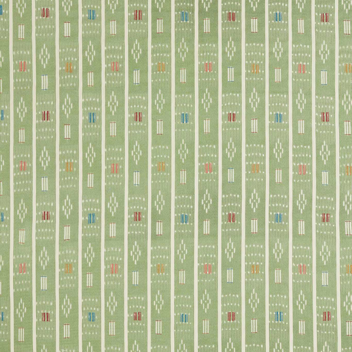 Green woven fabric with narrow vertical stripes and small multicoloured geometric motifs