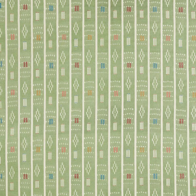 Green woven fabric with narrow vertical stripes and small multicoloured geometric motifs