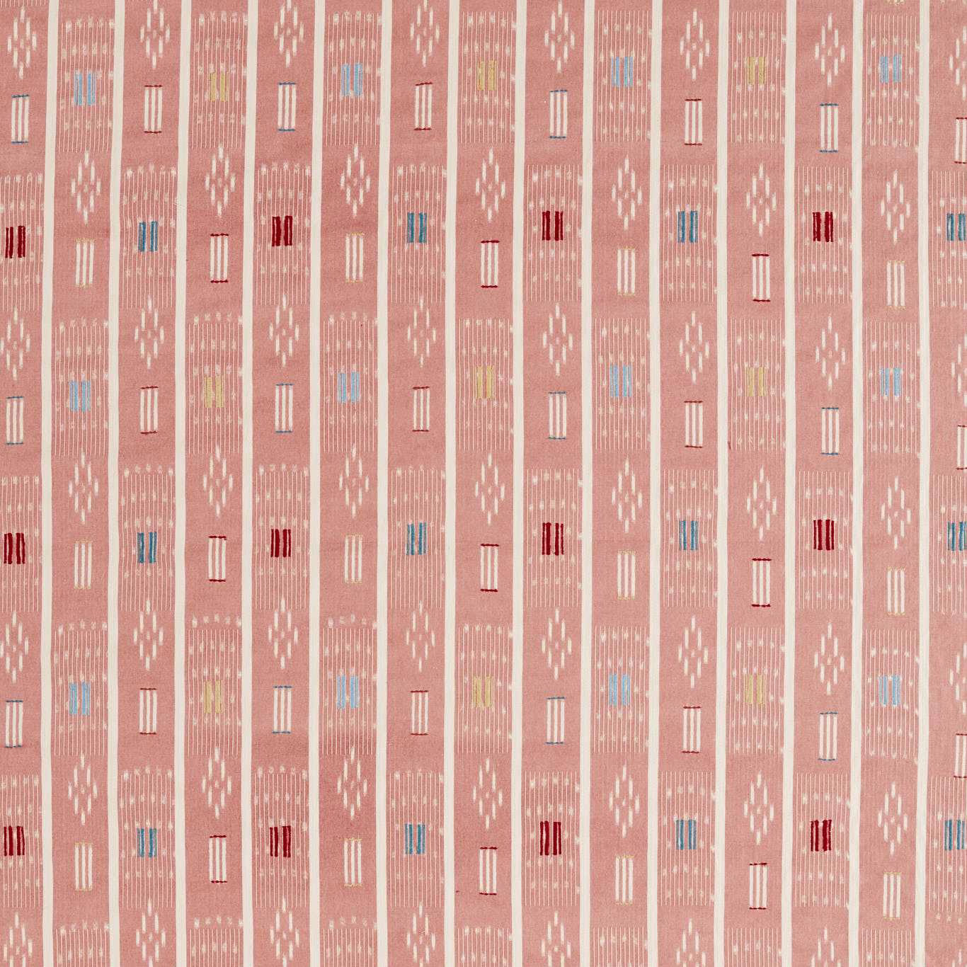 Soft dusty pink striped woven fabric with tiny multicoloured ikat-like accents