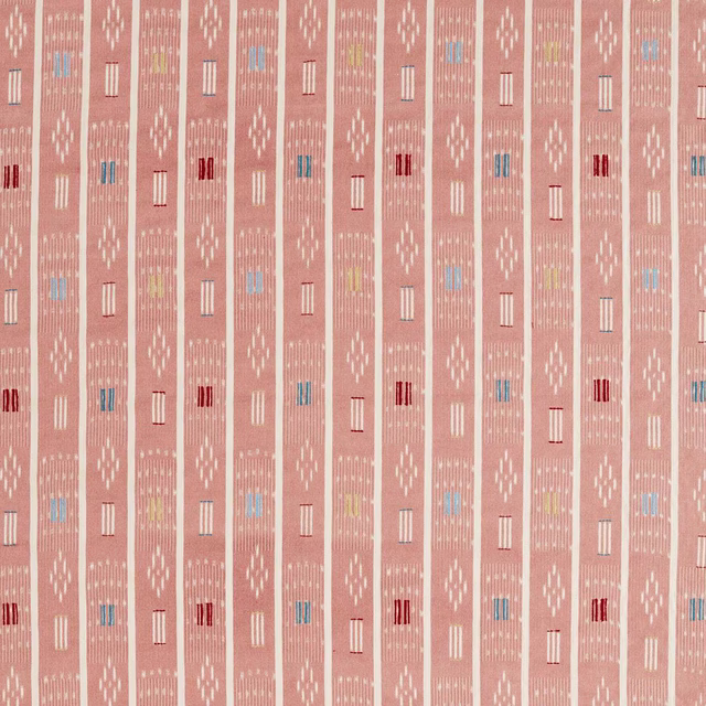 Soft dusty pink striped woven fabric with tiny multicoloured ikat-like accents