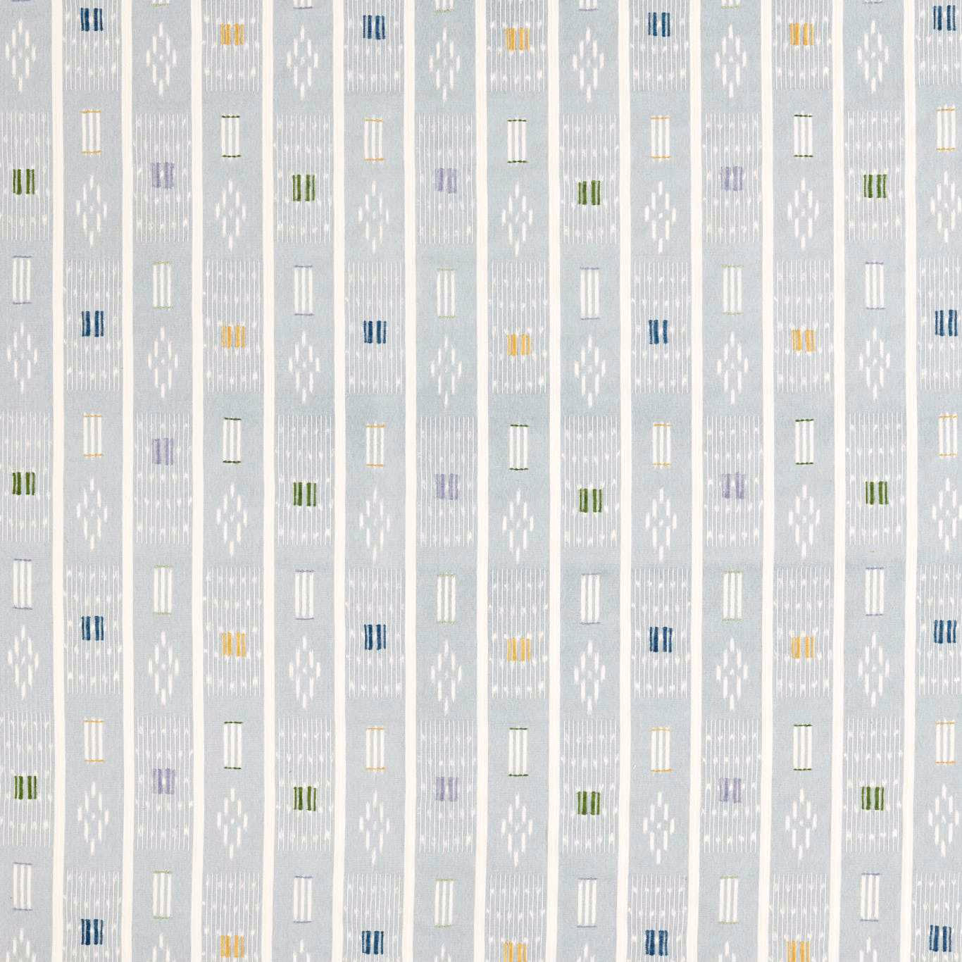 Porcelain-white woven fabric with narrow stripes and tiny multicolour motifs