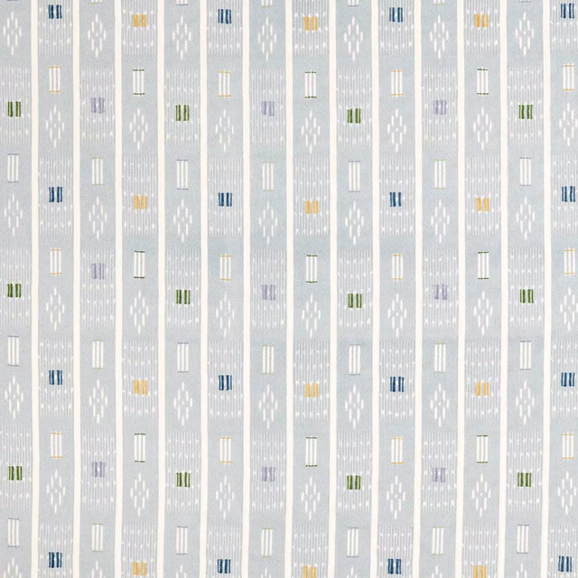Porcelain-white woven fabric with narrow stripes and tiny multicolour motifs