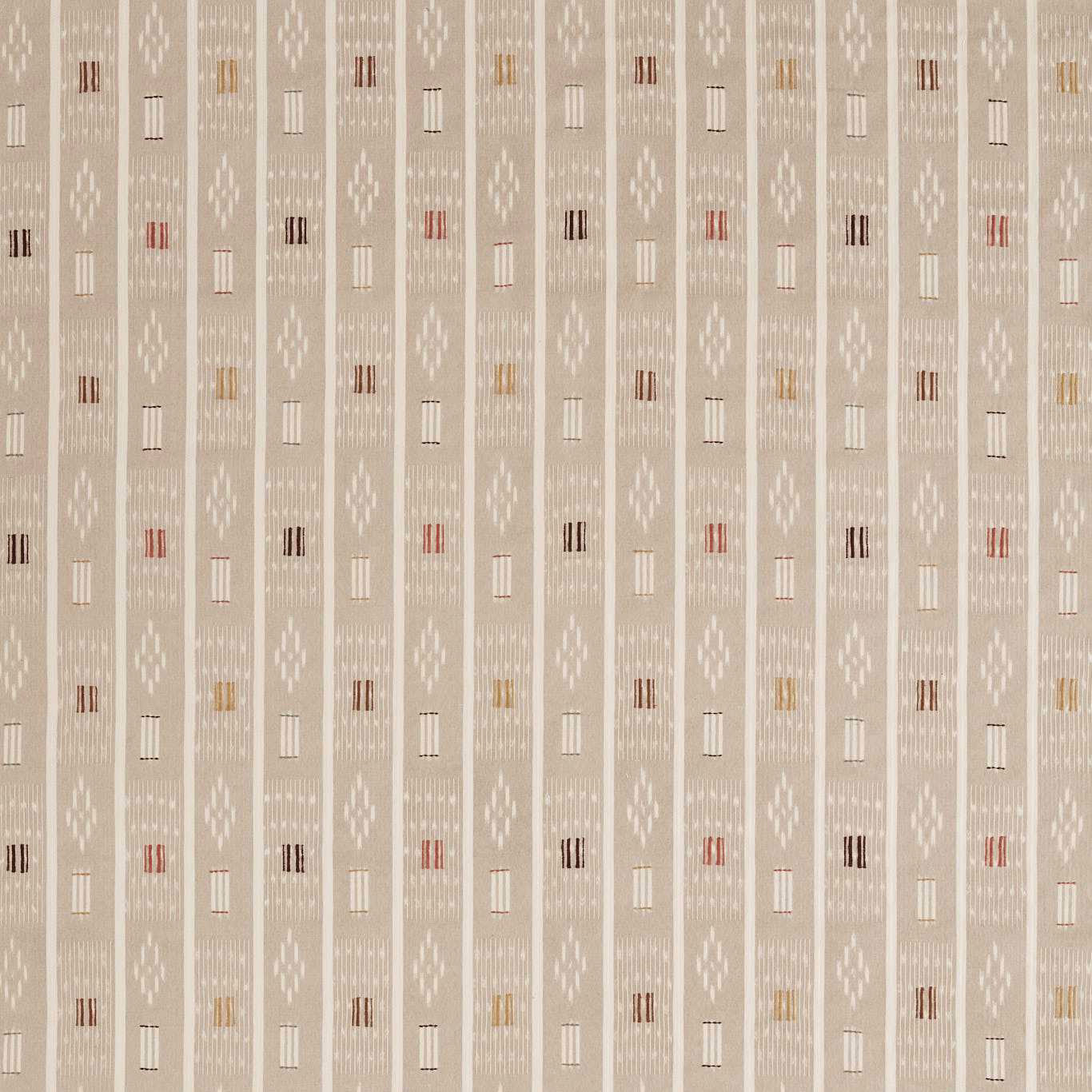 Beige woven fabric with narrow vertical stripes and tiny multicolour motifs