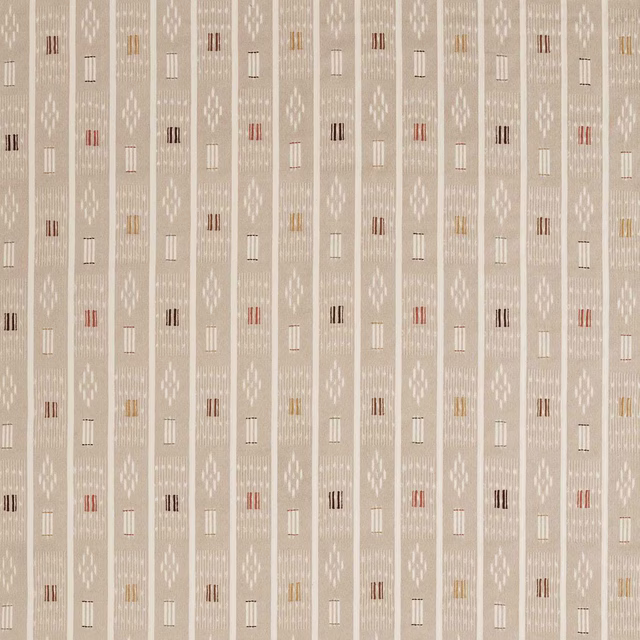 Beige woven fabric with narrow vertical stripes and tiny multicolour motifs