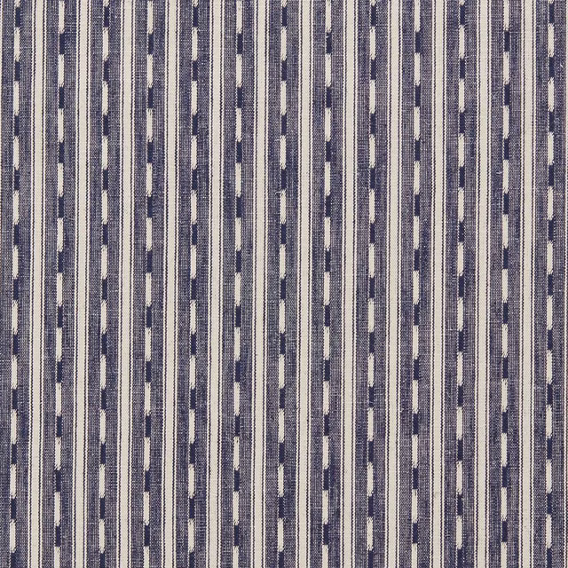 Close-up of a narrow indigo and pale striped woven fabric with fine texture