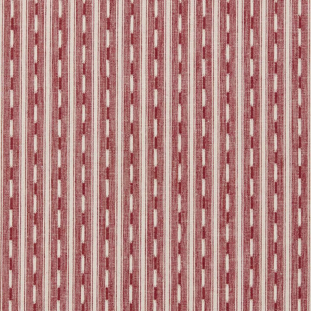 Vertical dusty berry red and cream woven stripe fabric with small dotted bands