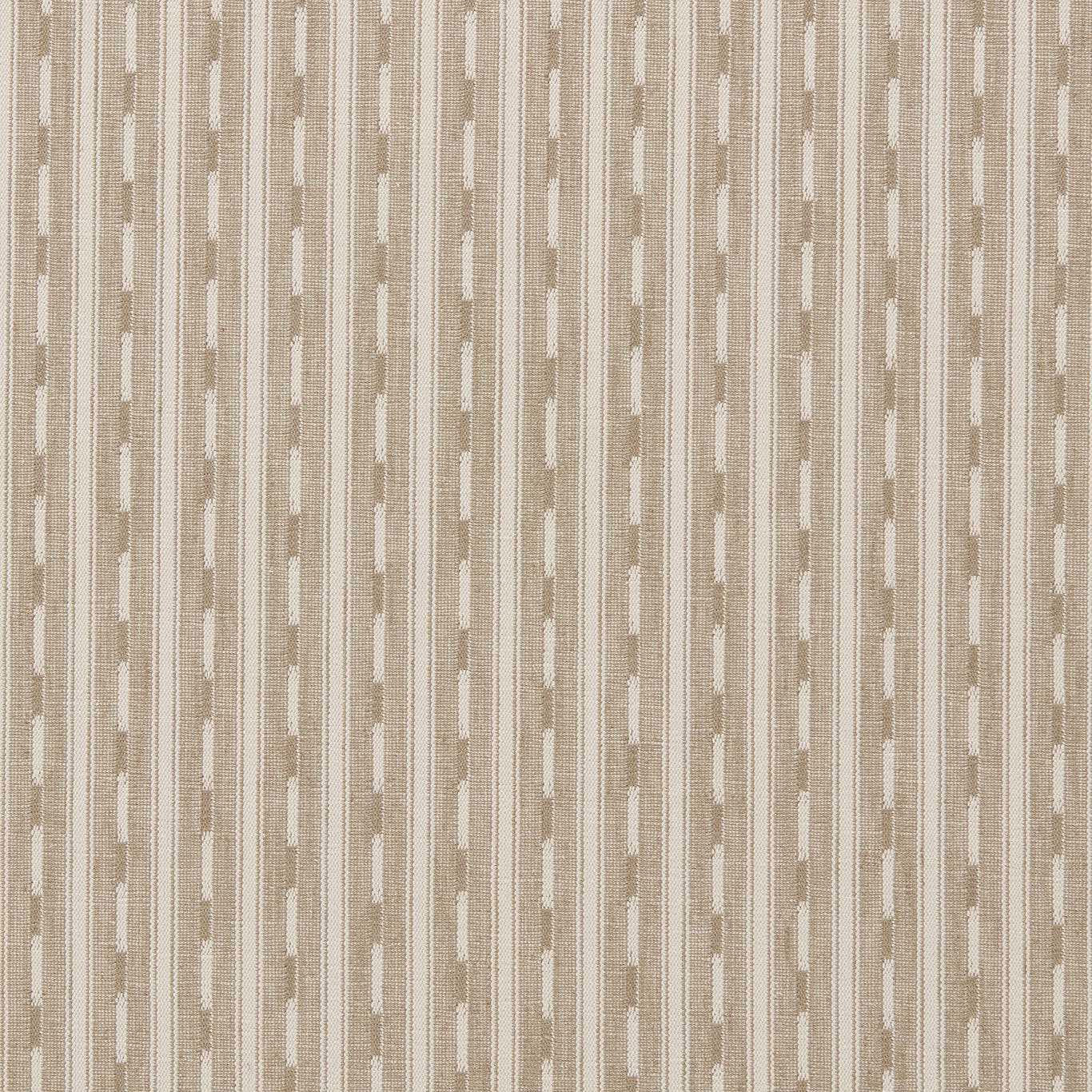 Warm beige woven fabric with vertical ivory dash stripes and fine texture