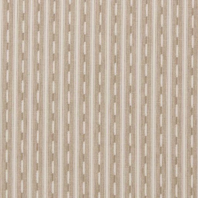 Warm beige woven fabric with vertical ivory dash stripes and fine texture
