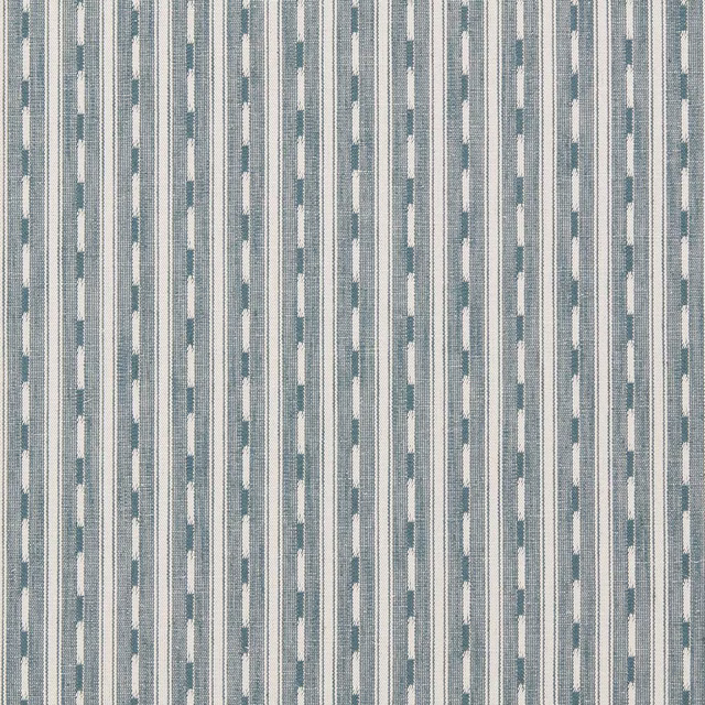 Blue-grey striped woven fabric swatch with narrow vertical bands and small dashes