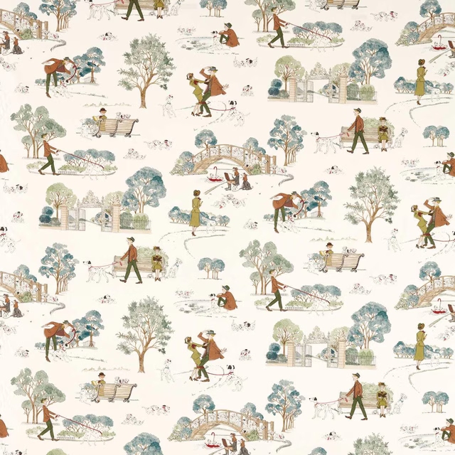 Printed fabric swatch with whimsical park scene in soft blue, sage and tan