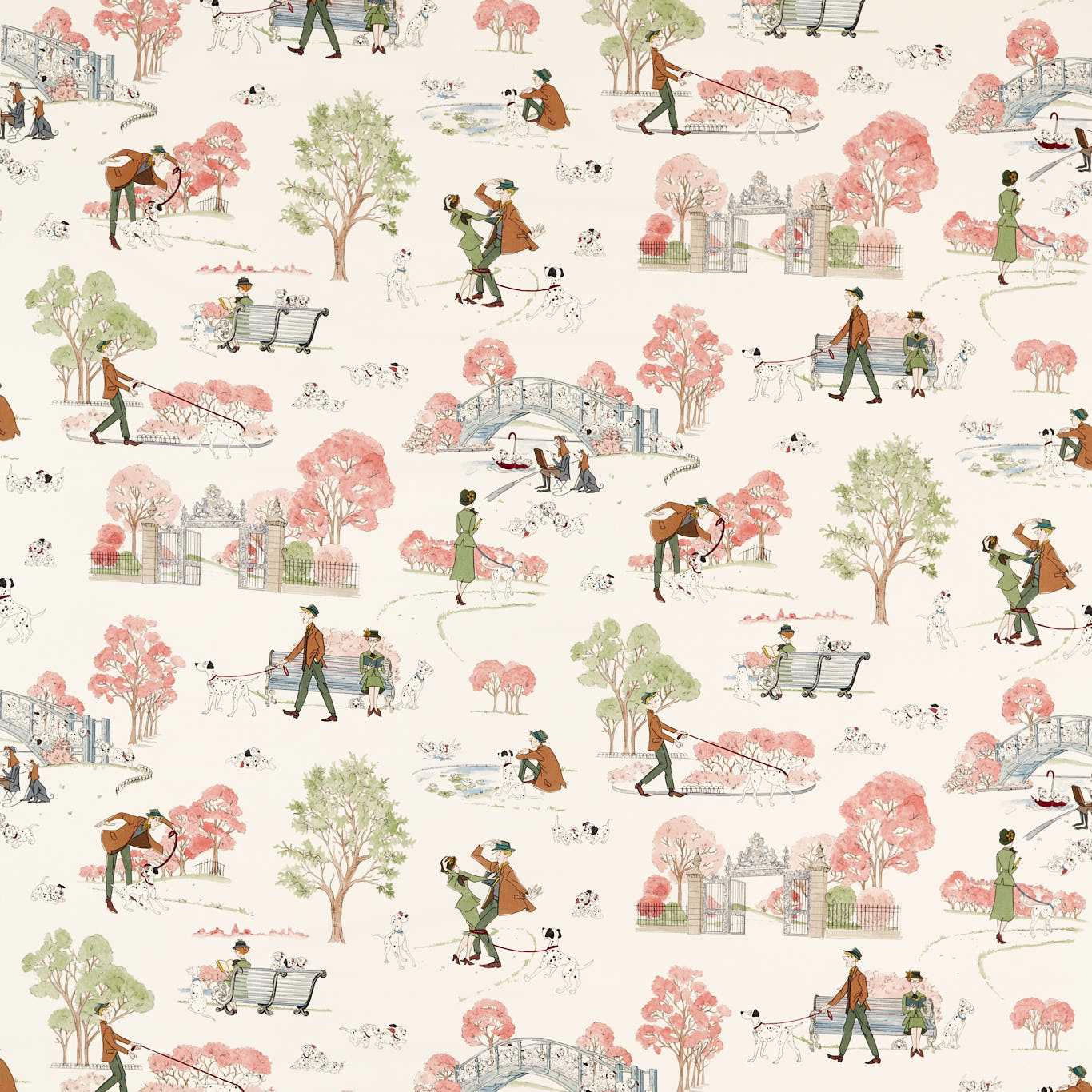 Pastel 101 Dalmatians print with pink trees, green figures and cream ground