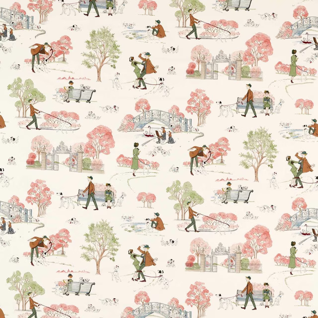 Pastel 101 Dalmatians print with pink trees, green figures and cream ground