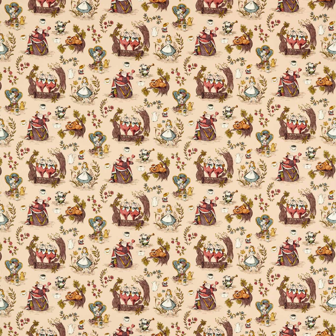 Printed Alice in Wonderland characters and teacups on a warm caramel cream ground
