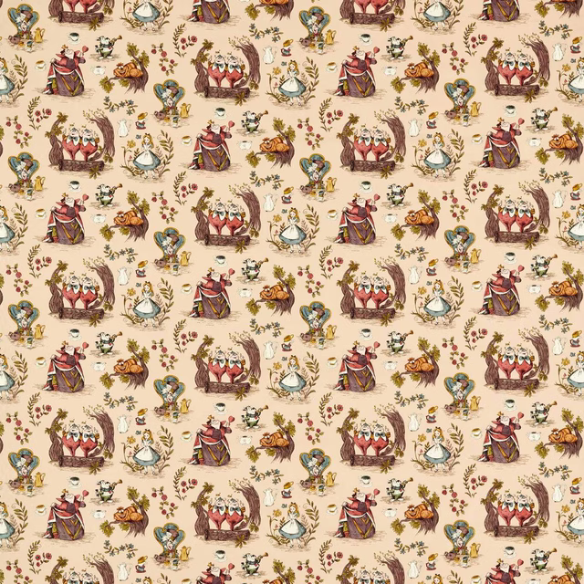 Printed Alice in Wonderland characters and teacups on a warm caramel cream ground