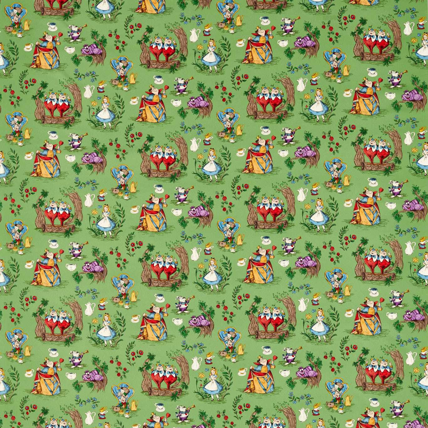 Alice in Wonderland characters printed on bright green fabric with a lively repeat