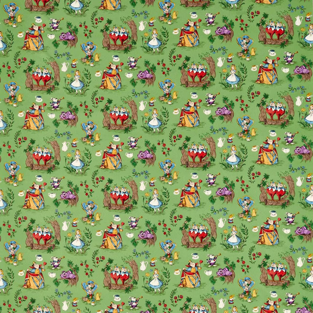 Alice in Wonderland characters printed on bright green fabric with a lively repeat