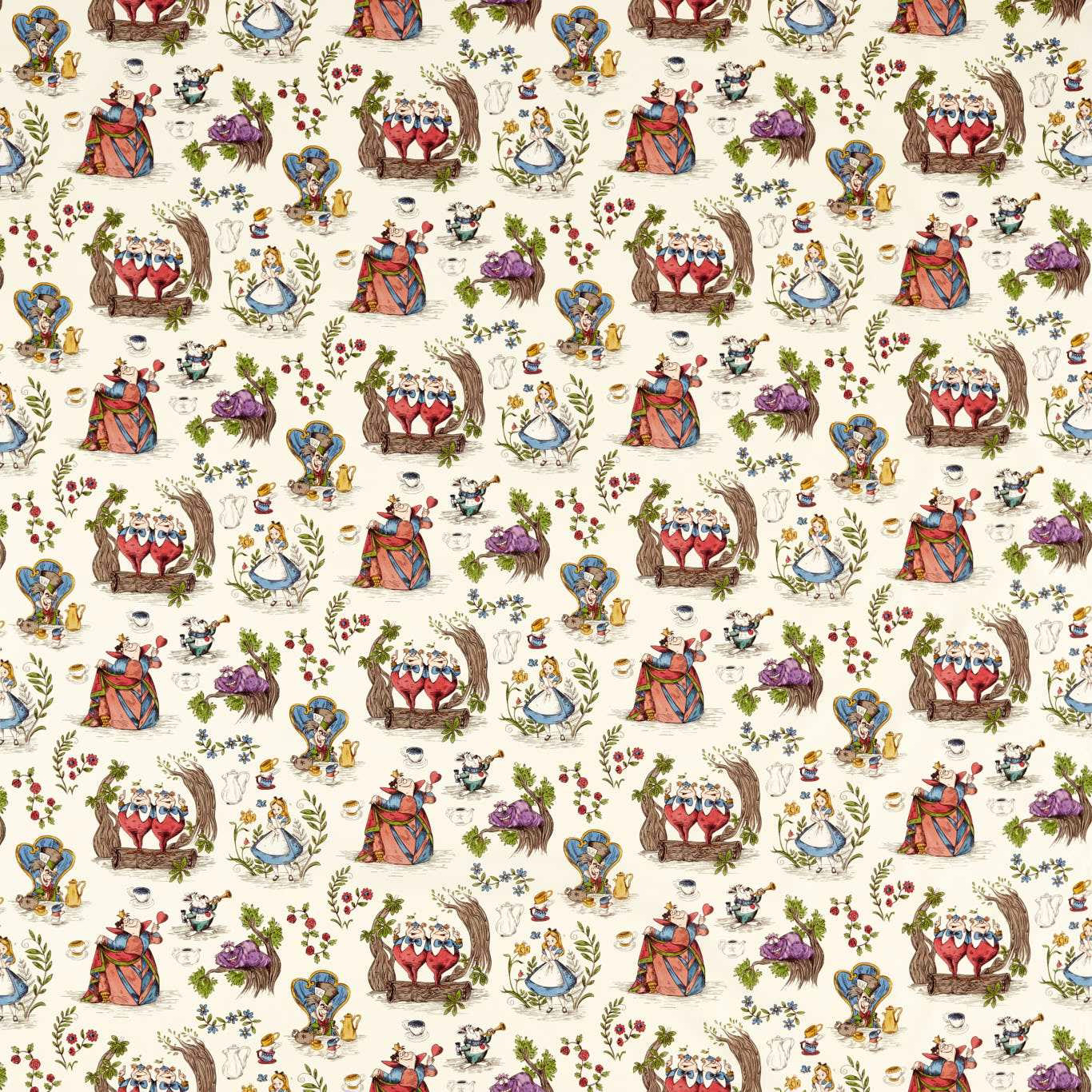 Cream fabric printed with Alice in Wonderland characters and small floral motifs