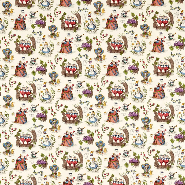 Cream fabric printed with Alice in Wonderland characters and small floral motifs