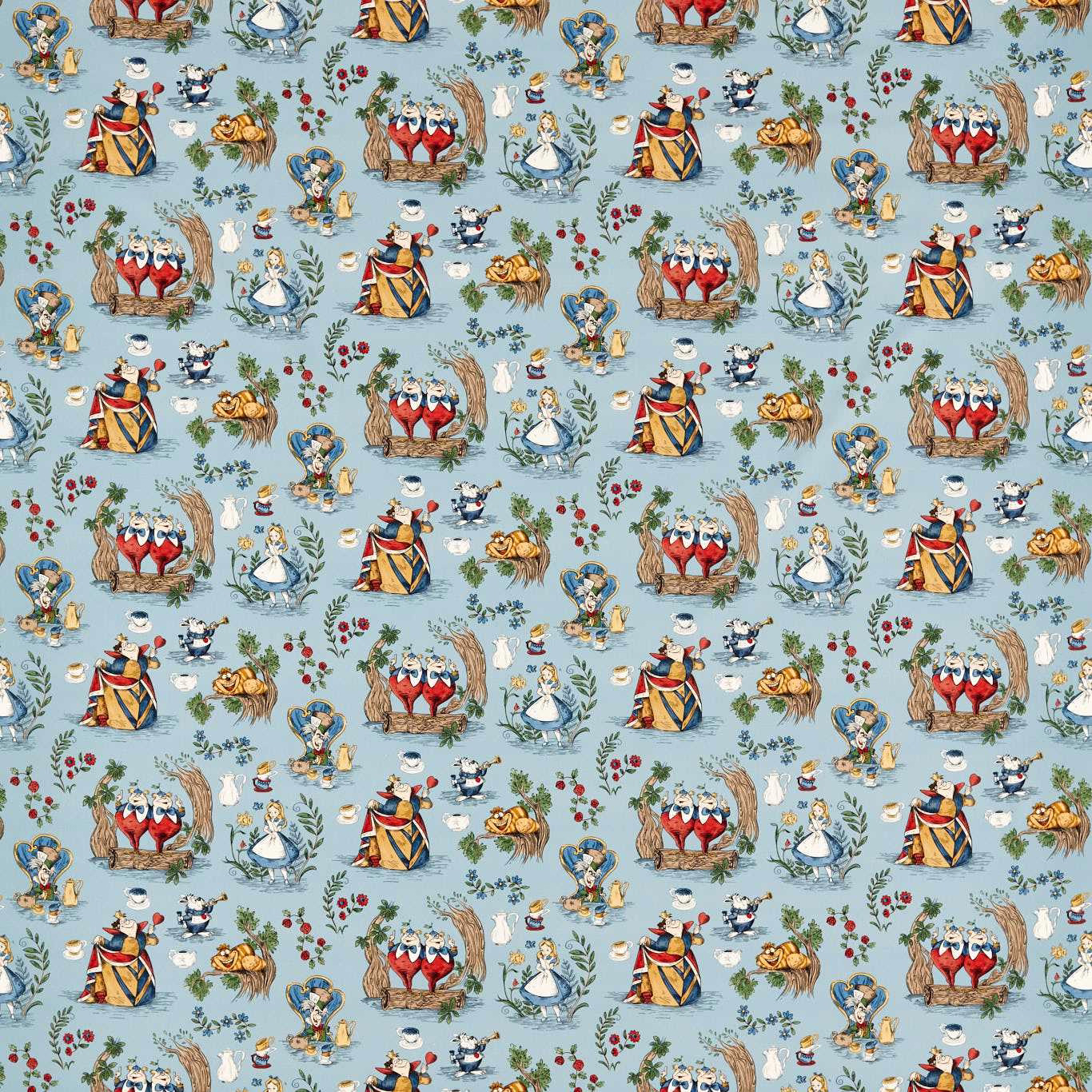 Light blue Alice in Wonderland character print with small floral motifs