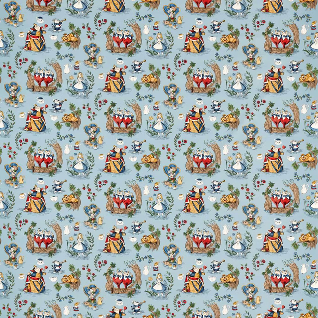 Light blue Alice in Wonderland character print with small floral motifs